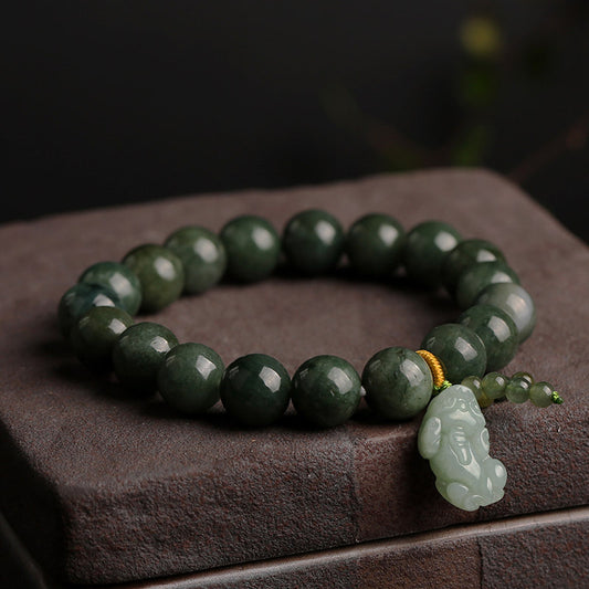 Green Jade Bracelet with Pixiu - Invite Wealth & Calming Energies