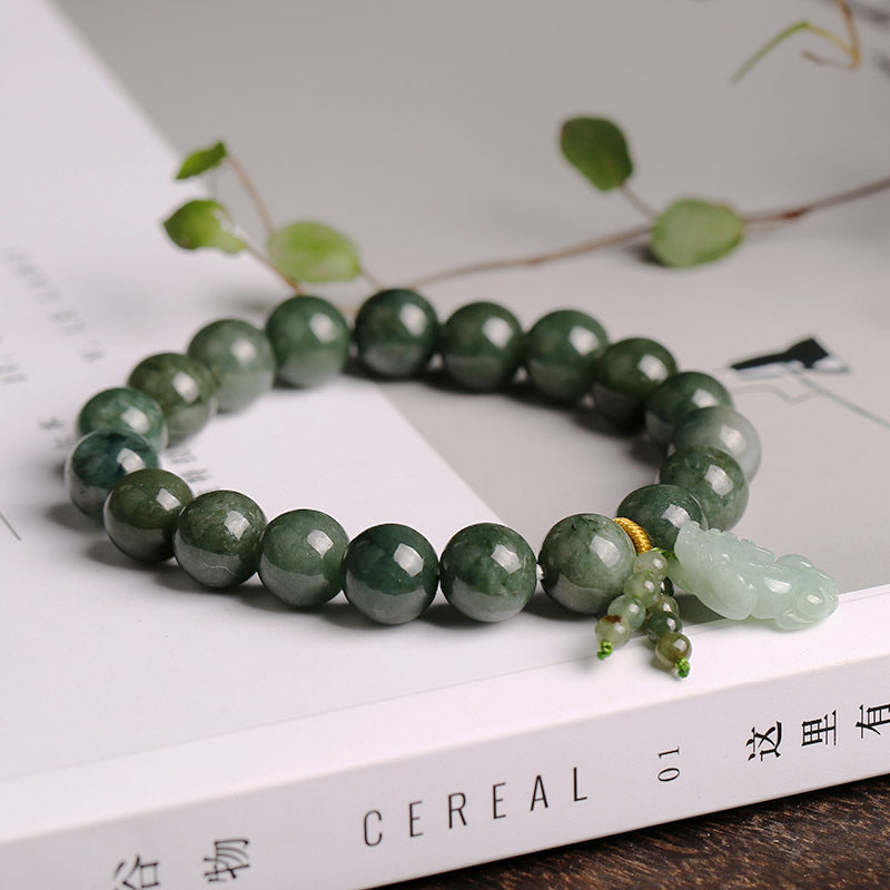 Green Jade Bracelet with Pixiu - Invite Wealth & Calming Energies